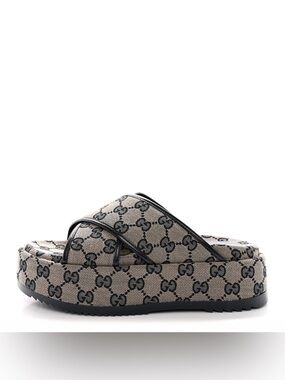 Gucci GG Canvas Platform Slides Sandals Beige Blue Sz 41 NWT
